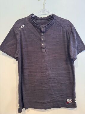 Affliction Lava Wash Burnout Texture Cross Stitch Henley
